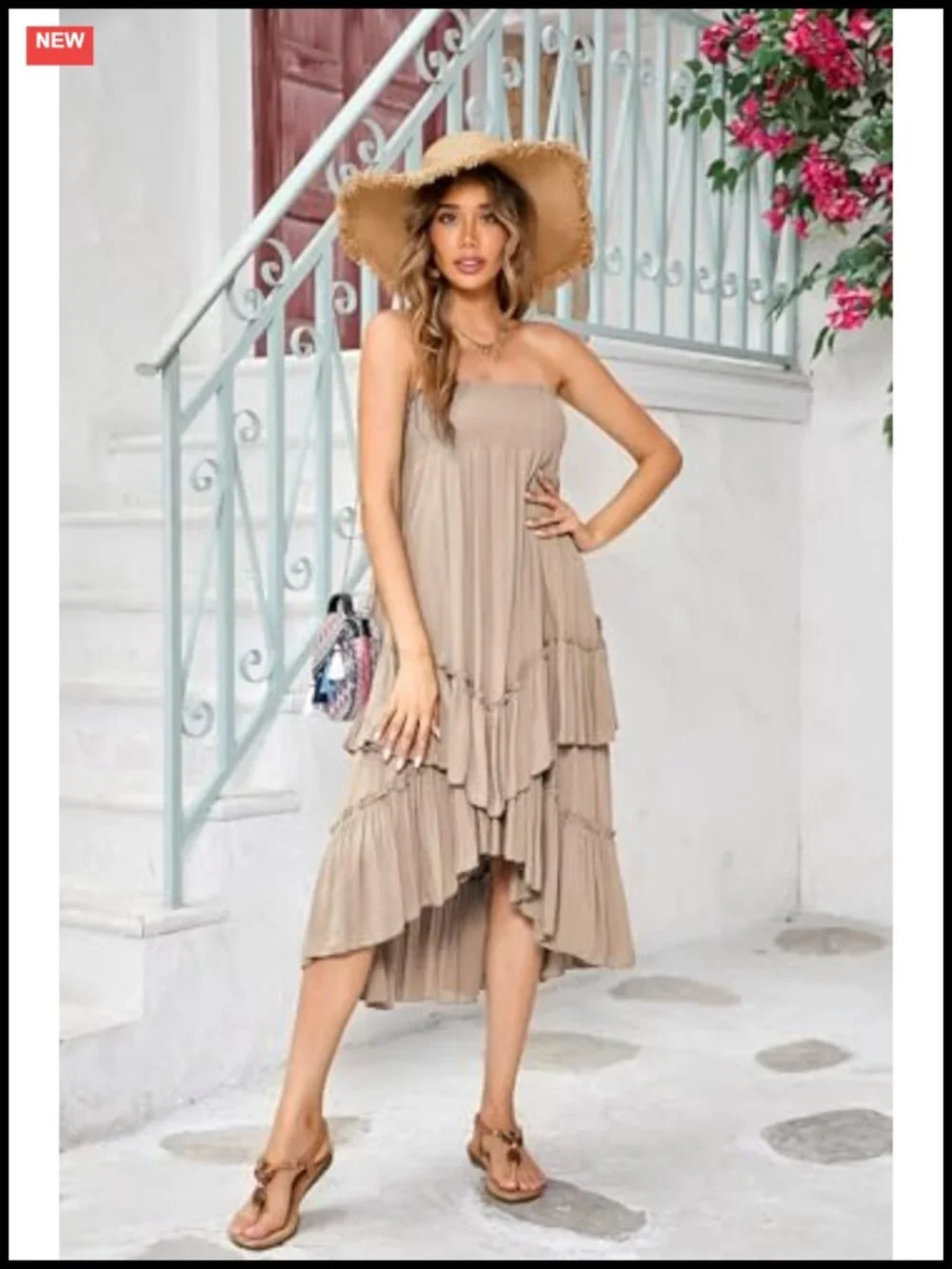 Smocked Elastic High Waisted Boho Midi Skirt, Strapless Tube Dress, Layered